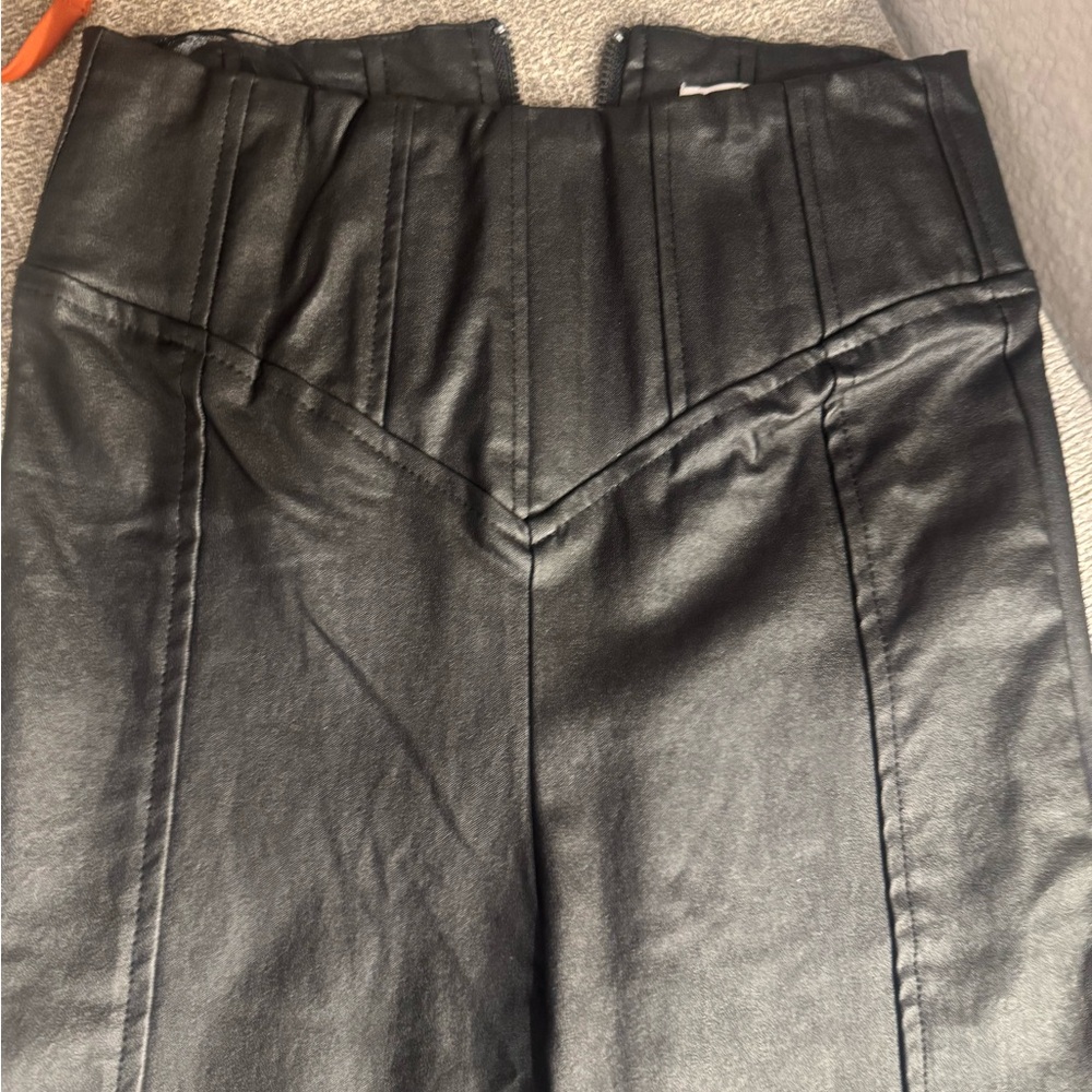 Meshki Black Faux Leather Pants with Chevron Waist Detail